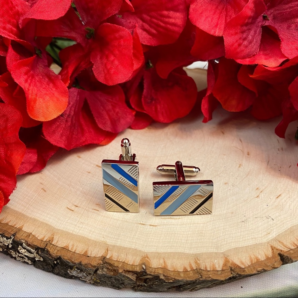 Classic Blue, Silver and Black Stripe Cufflinks - Picture 4 of 8